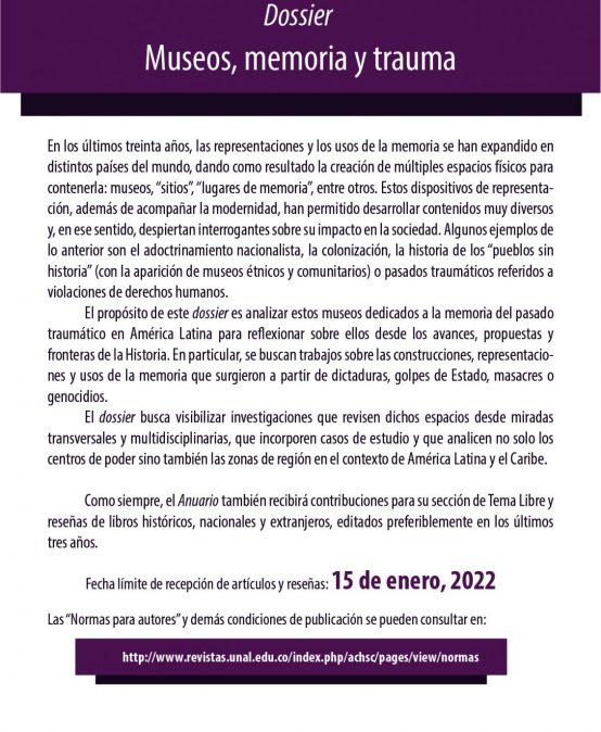 Anuario Colombiano de Historia Social y de la Cultura Vol. 50 No. 1. Museos, memoria y trauma