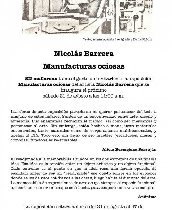 Exposición: Manufacturas ociosas de Nicolás Barrera